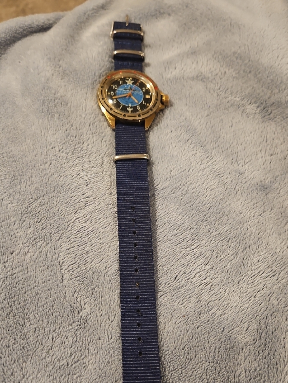 Vostok. Gold-Tone Case Men's Analog Watch with Navy Blue Nylon Strap